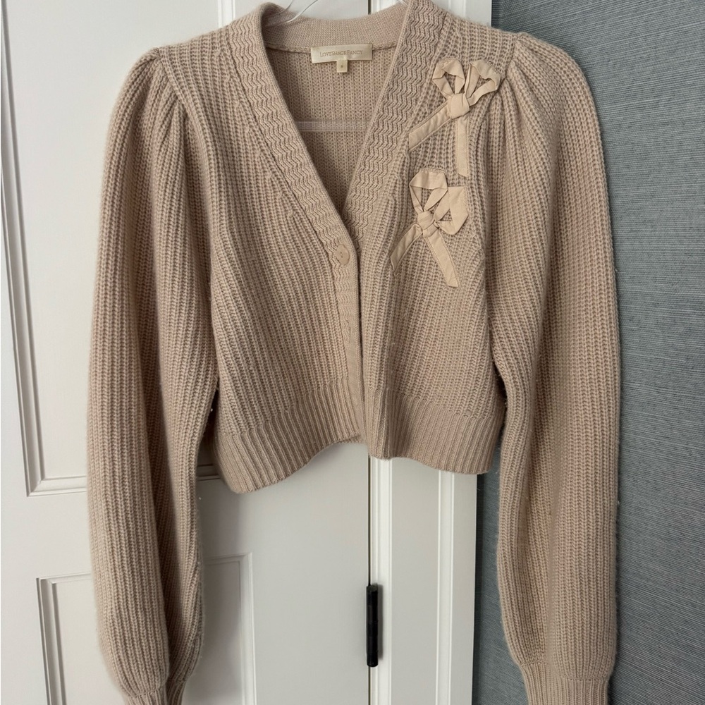 LoveShackFancy Taupe Cardigan with Bow Accents